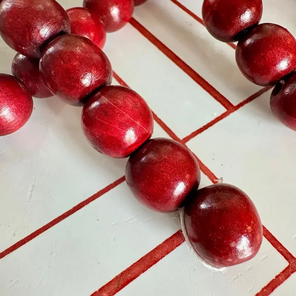 Vintage Bright Red Wooden Bead Garland 8.5 Ft Rustic Farmhouse Decor.
